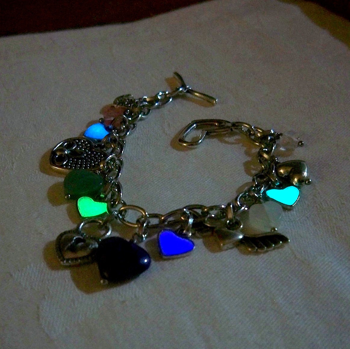 Mermaids Magic Charm Bracelet- "I Love You With All My Hearts" Design with Glow in the Dark Hearts and Genuine Gemstone Charms