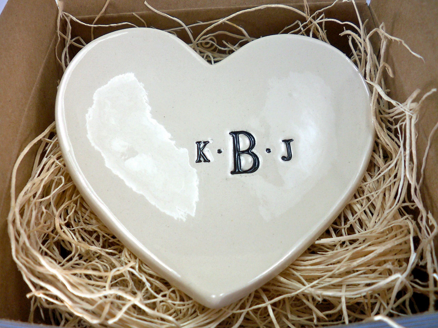 monogram ring holder,  wedding ring dish, large heart dish,  Black and White Pottery,  Gift Boxed