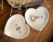 monogram ring dish, engagement ring holder,  custom ceramic  heart shaped jewelry bowl,  Black and White Pottery,  Gift Boxed