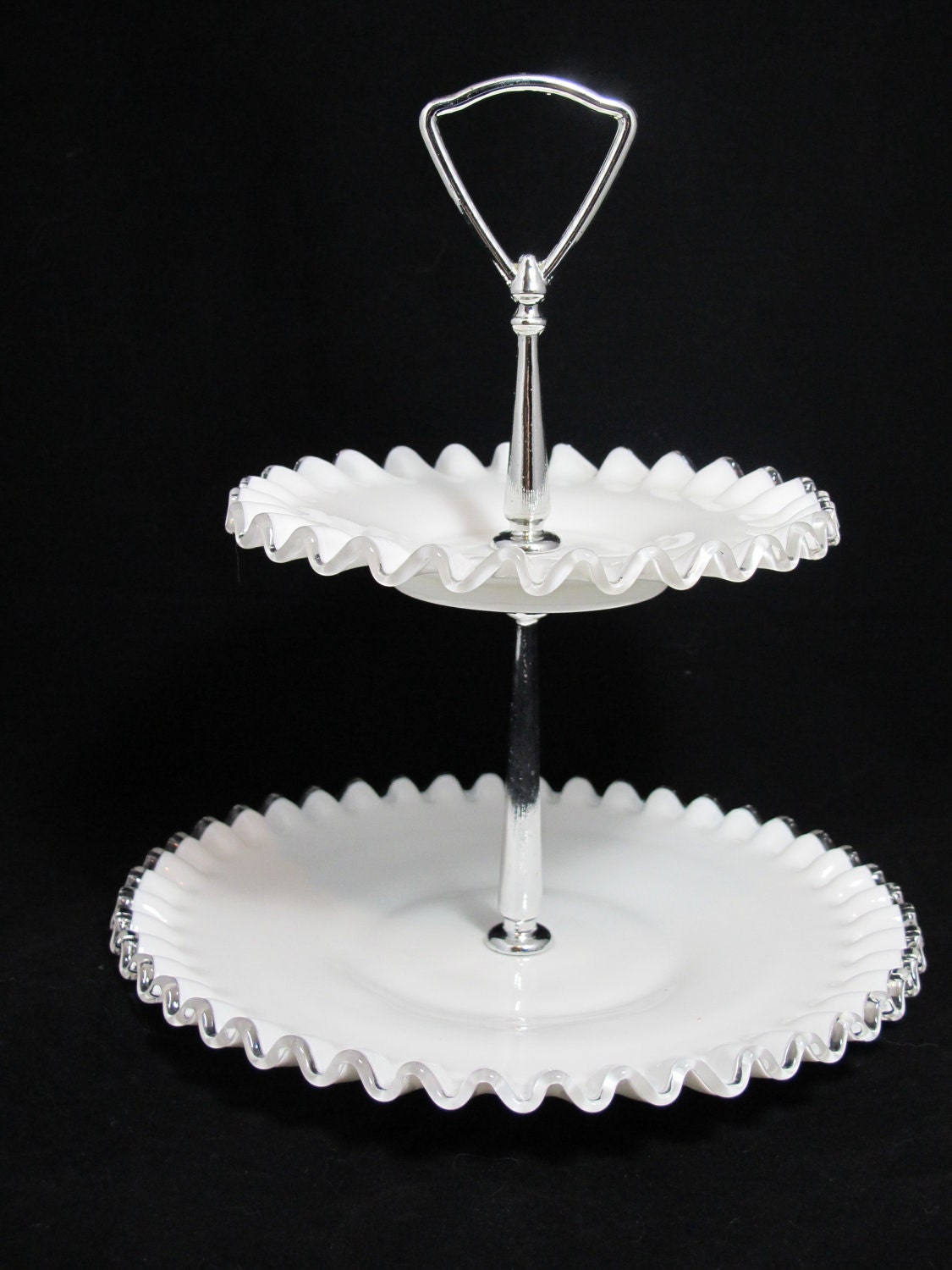 Vintage Fenton 2 Tier Silver Crest Tidbit Milk Glass Tray