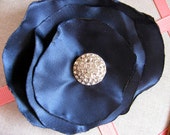 Navy blue hair clip with vintage rhinestone button