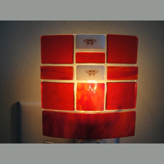 Fused Glass Night Light  - Red Lighting Bathroom Kitchen Fixture Home Decor Housewares Butterflies
