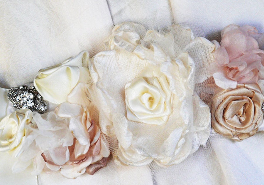Charlotte Bridal Sash Floral Wedding Belt Ivory Pink Rhinestones Flowers