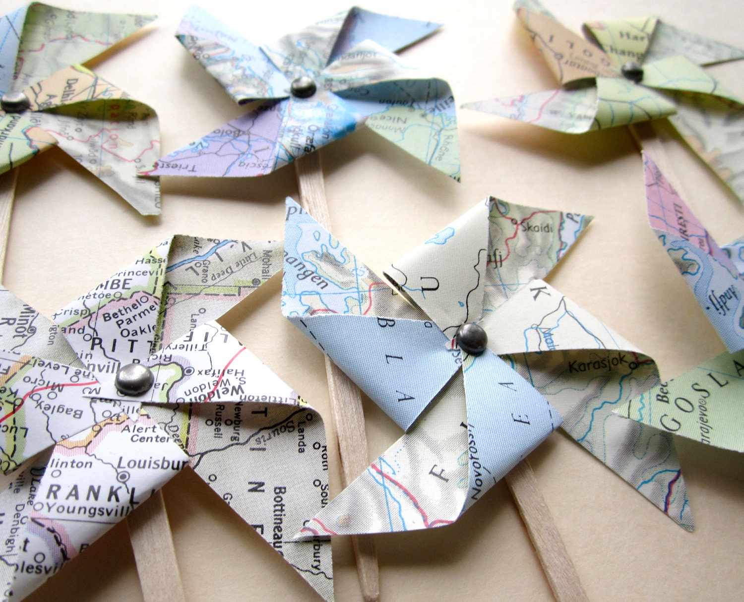 Pinwheels, vintage map wedding, 100 two inch pinwheels, vintage pinwheel bouquet, cupcake toppers, bridesmaids, travel theme