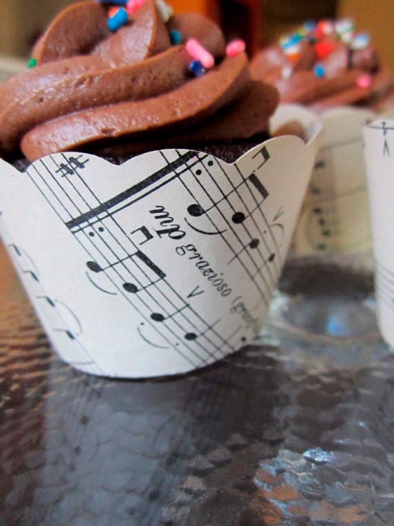 Cupcake, Wrappers, Vintage, Music, Tea Stained, New Years Party, Black and White, Aged-Look, Sheet Music, Shabby Chic, Handmade Wedding