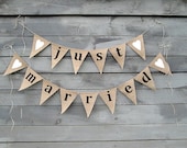 Just married burlap banner with white glittered hearts, lowercase