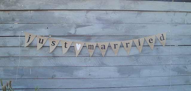 Just Married Burlap Banner with White Glittered Heart Lowercase