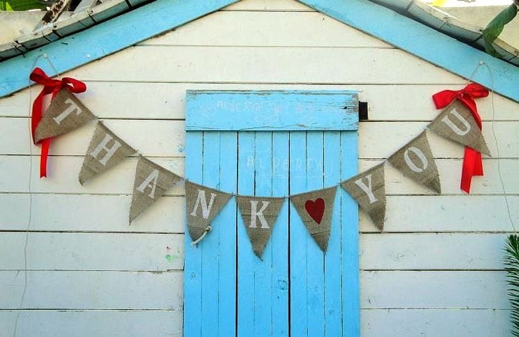 Thank You burlap banner with Red Heart and Red Ribbon Bows