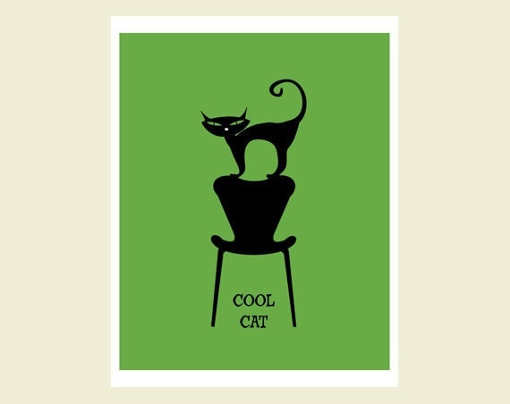 Retro art print "Cool Cat" in green and black midcentury style