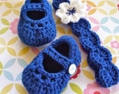 Baby Girl Mary Jane Shoes Matching Headband Set Bright Blue Modern Crochet Booties 3/6 Months Size 2 - LisaCorinneHandmade