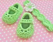 Baby Vintage Mary Jane Booties - Lime Green Flowered Headband Set - Infant 3 to 6 Months - Size 2 Shoe - Gift Boxed - Ready to Ship