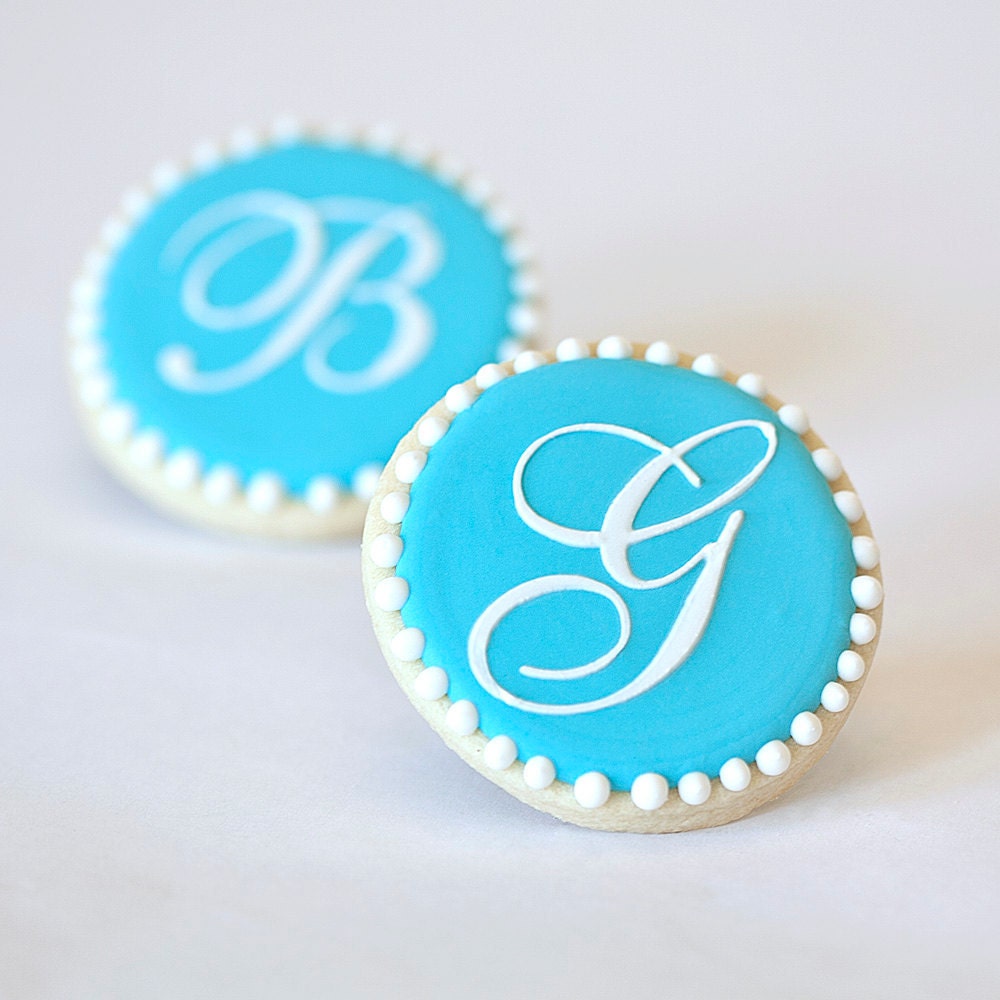 Monogram Letter Baby Shower Cookie Favors // 1 doz. // Christening Baptism Naming Vintage Script Initial Personalized Gender Reveal