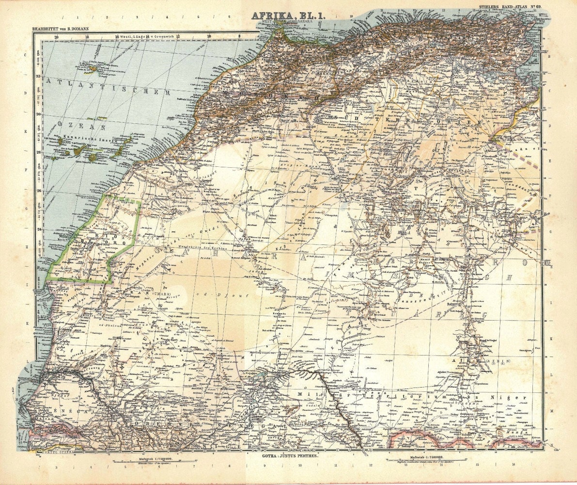 1912 Africa Antique Physical Map, North West Stieler