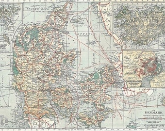 1930 Large Vintage  Map of  Denmark 80 Years Old