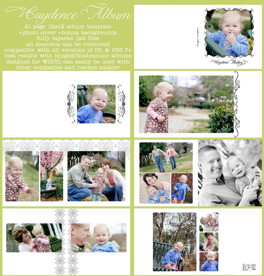 Caydence - 12x12 Album Book Template PSD Photoshop WHCC Millers White Modern Black Gray