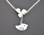 Sweet orchid and cute bird lariat necklace.