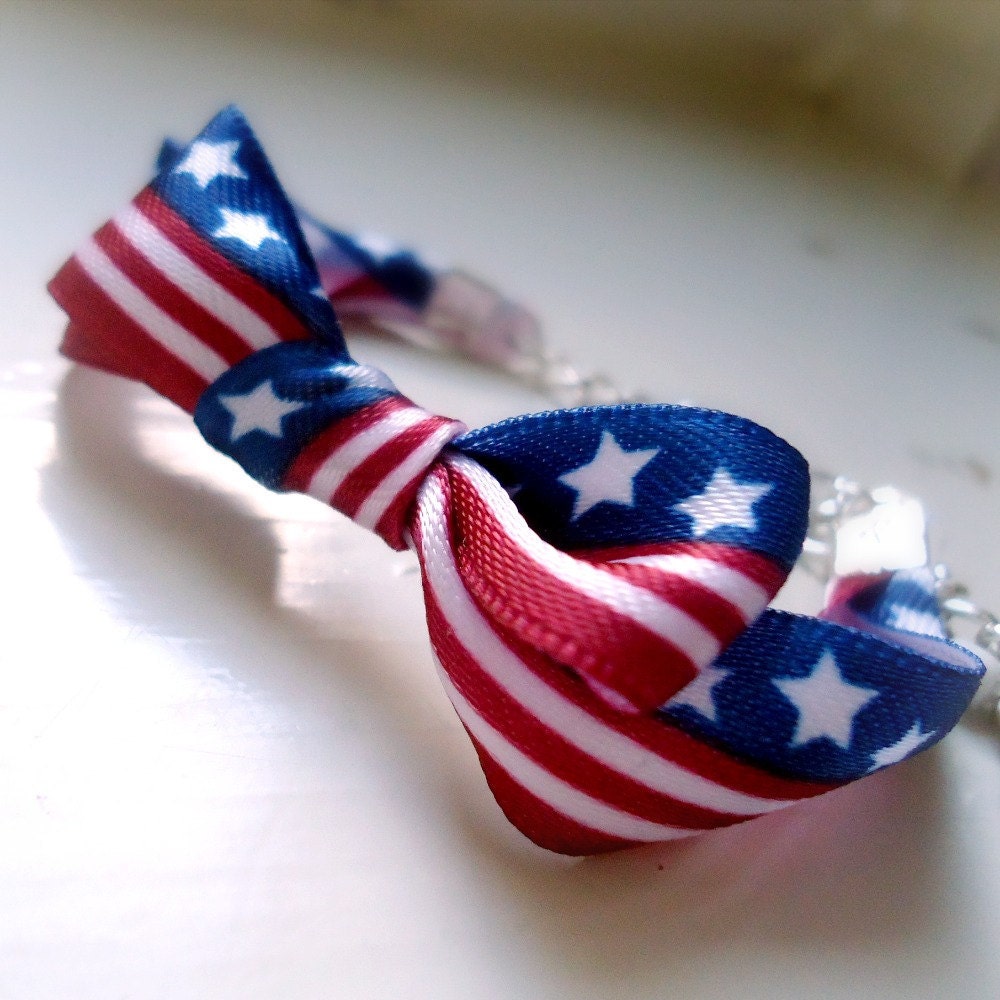 Children's Red White Blue Bracelet Ribbon Silver, Patriotic Jewelry USA July 4th Independence Day