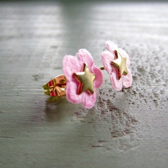 Childrens Earrings Pink Jewelry Yellow Gold Flower Star Dainty Little Girls Pierced Studs