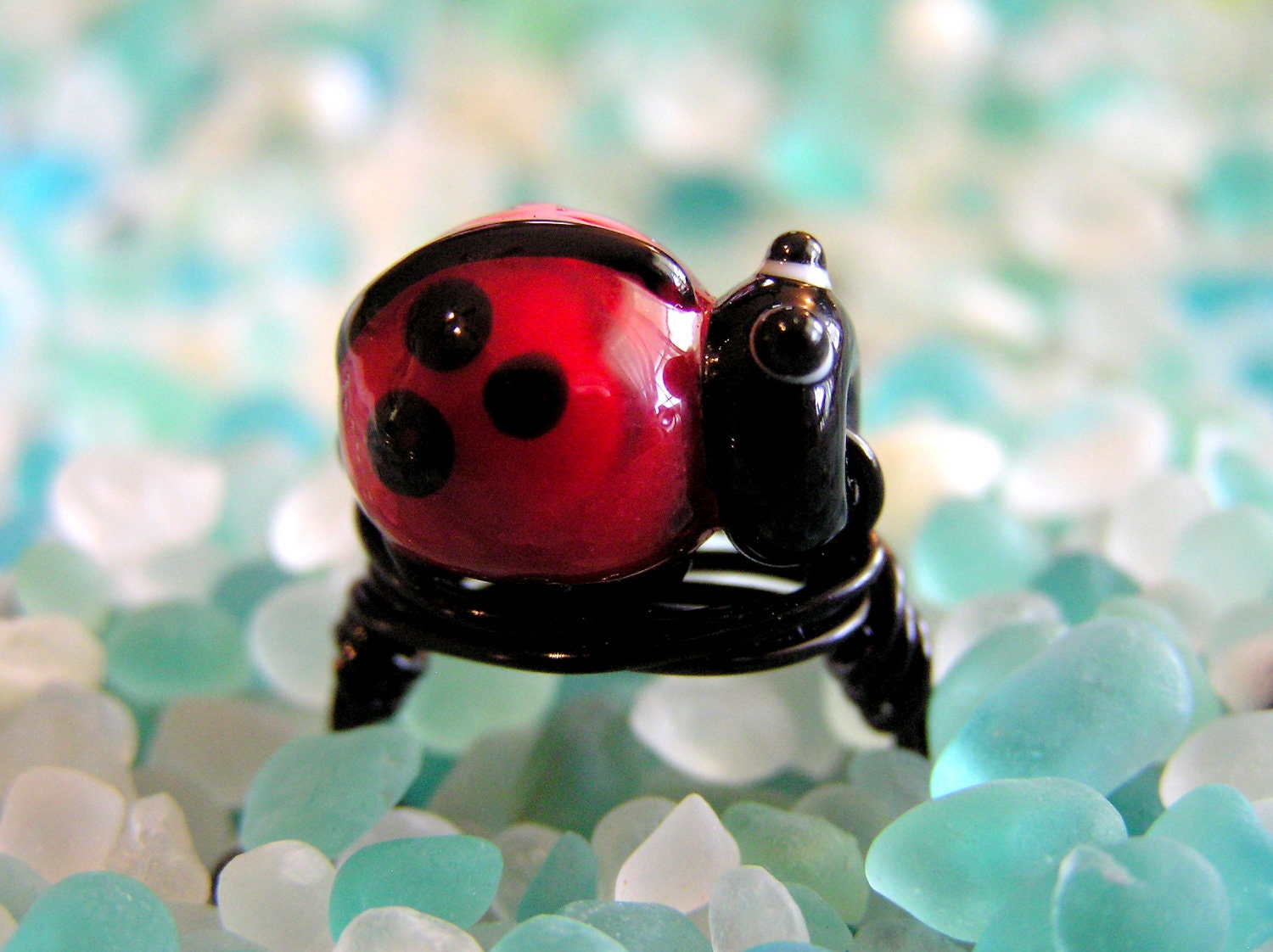 Custom Ladybug Lampwork Wire Wrapped Ring / Free Shipping