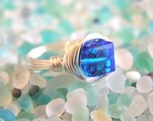 Custom Vivid Capri Blue Swarovski Cube Ring / Free Shipping