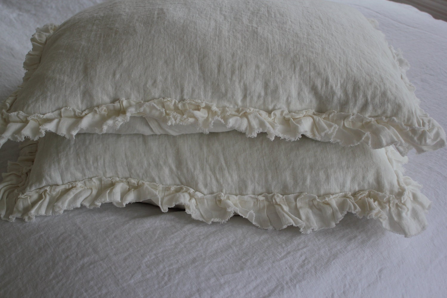 Standard Linen Pillow Sham with Raw Edged Mini Ruffle Cream