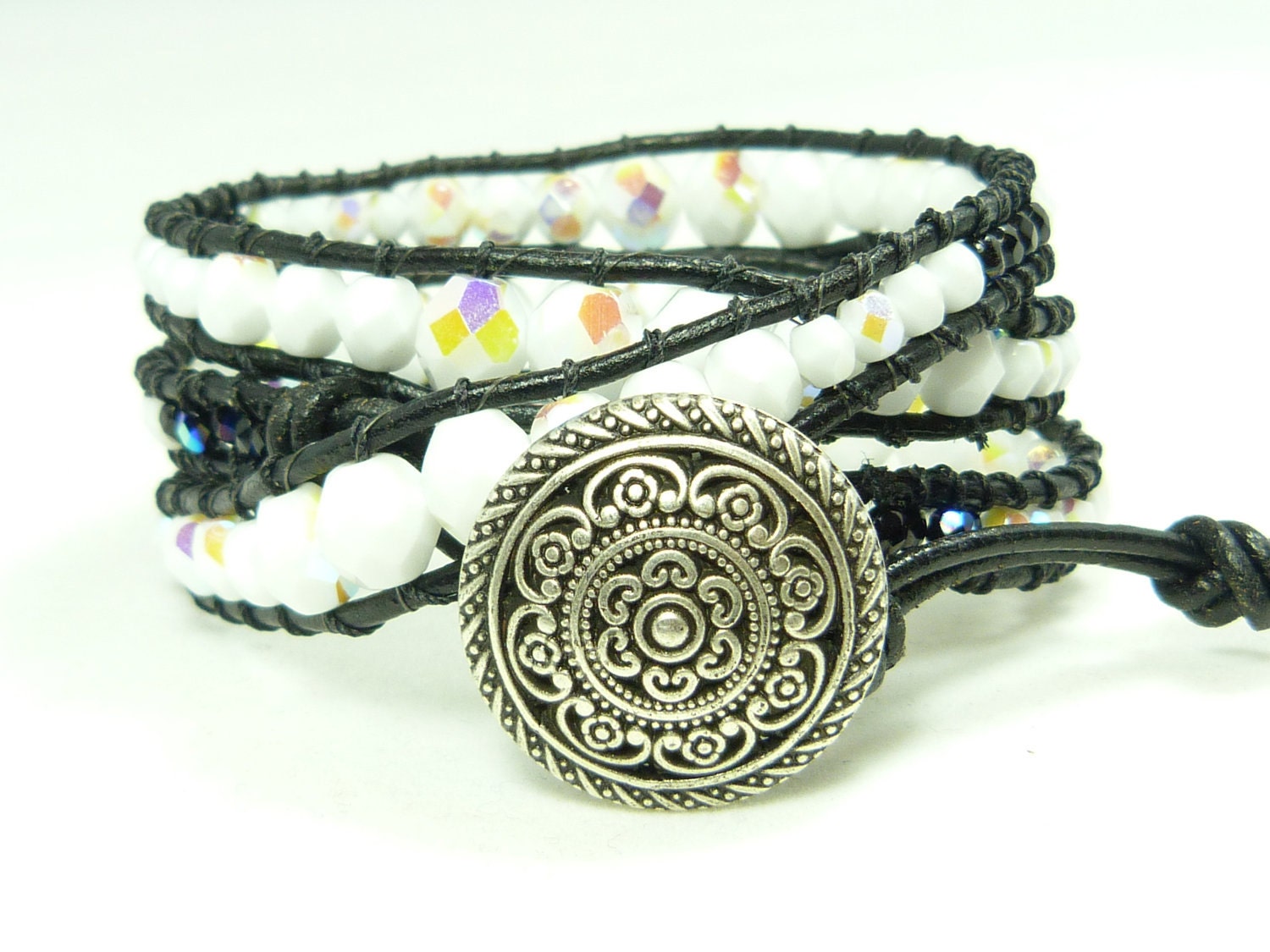 Beaded leather wrap bracelet, Chan Luu style, black and white on black leather, 3 wrap with silver Bali style button closure - rocker look.
