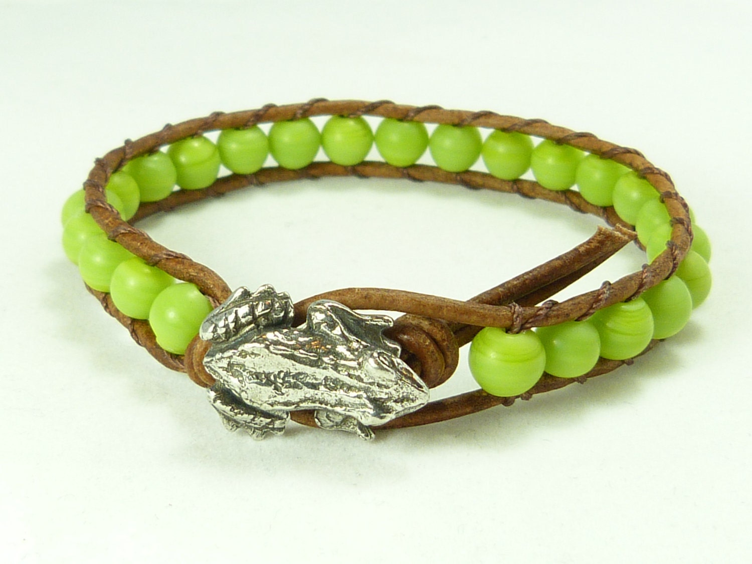 Beaded leather wrap bracelet, Good Luck  Frog clasp, chartreuse green on distressed leather, single wrap bracelet.
