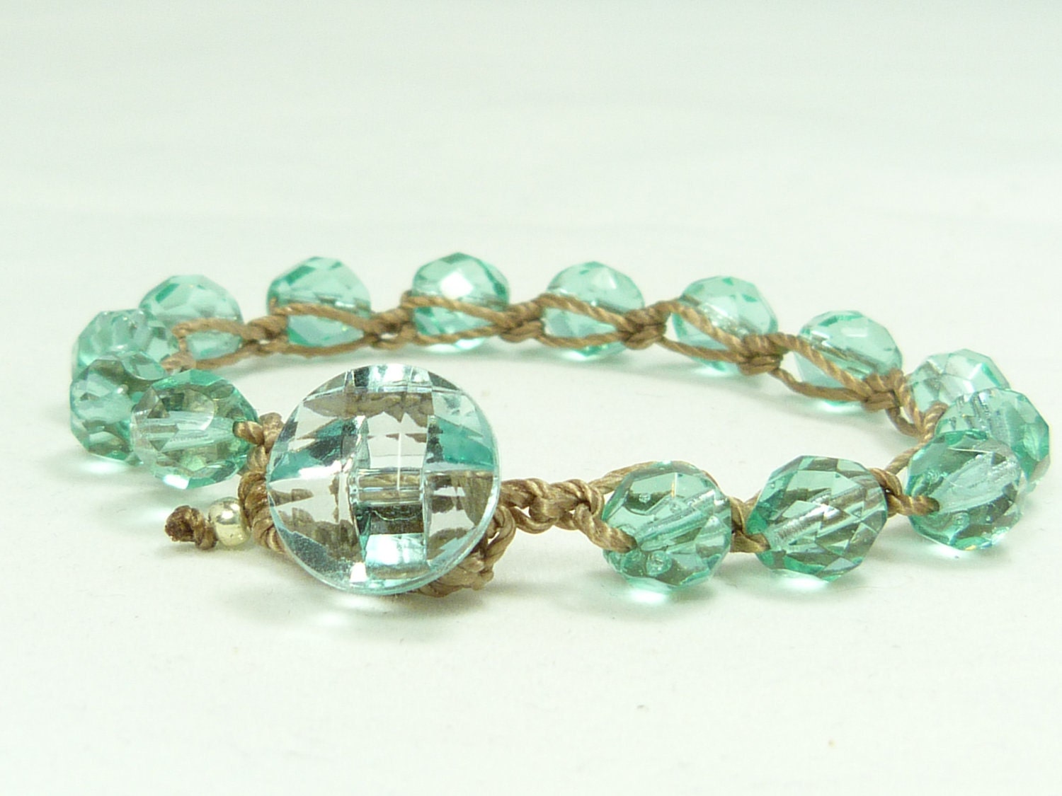 Aqua bead crochet bracelet, boho chic, to coordinate with other wrap bracelets or wear alone.  Laguna green.