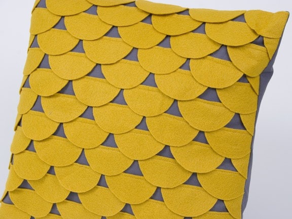 Scallops Pillow Cushion Cover 14 x 14 - Mustard Yellow and Grey Felt Applique