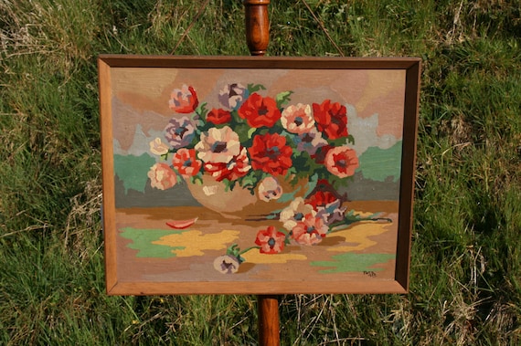 1950s Paint by Numbers - Mid Century Floral Painting - Retro Wall Decor