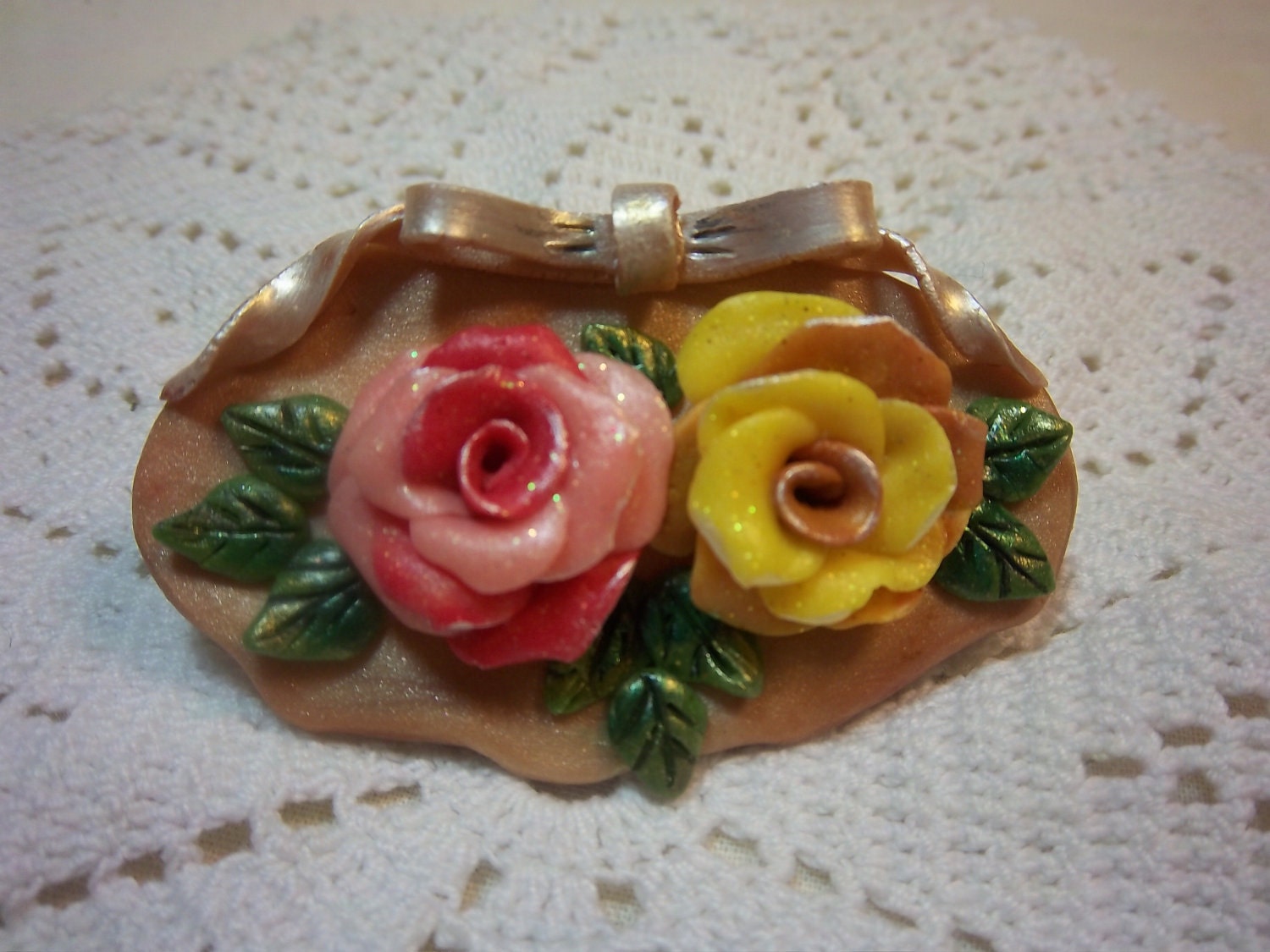 Rose Brooch, Floral Brooch, Pink and Yellow, Polymer Clay Brooch, Romantic Jewelry