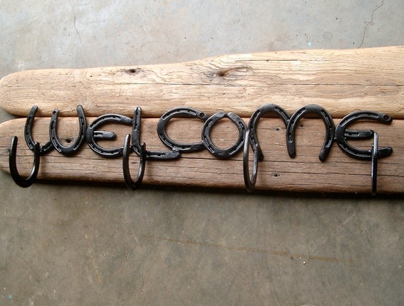 WELCOME horseshoe sign with Hat or coat rack, home,mud room,workshop, barn, shed, MADE to ORDER