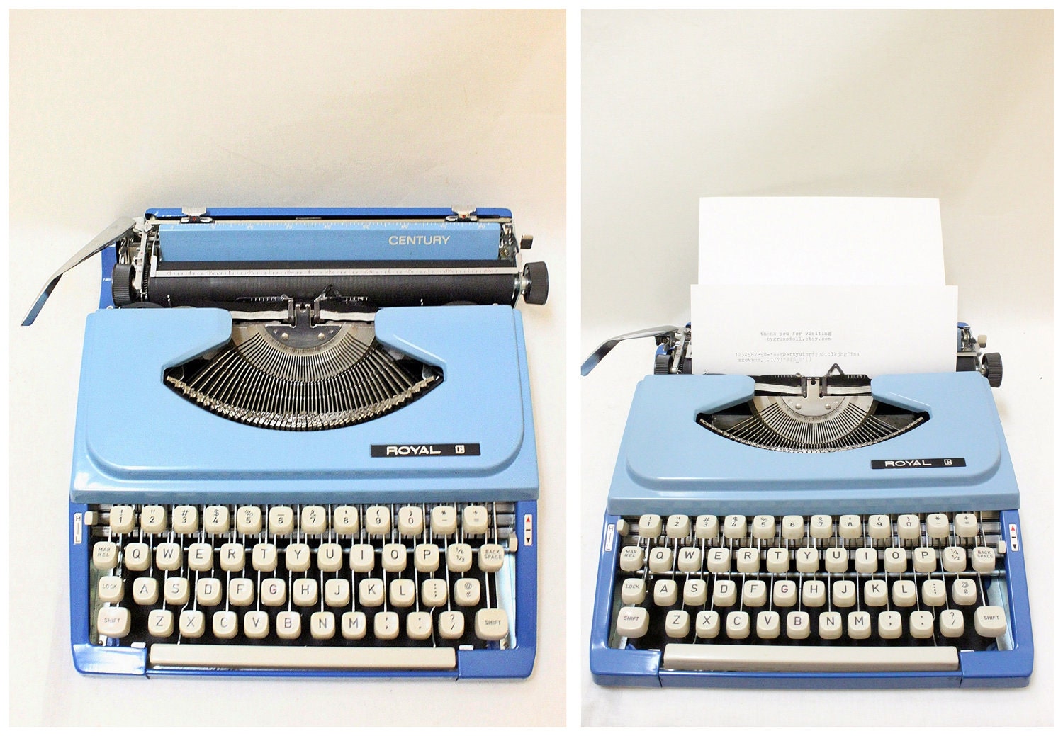 Vintage Royal Century Blue Painting Portable Typewriter with Cover // Made in Japan