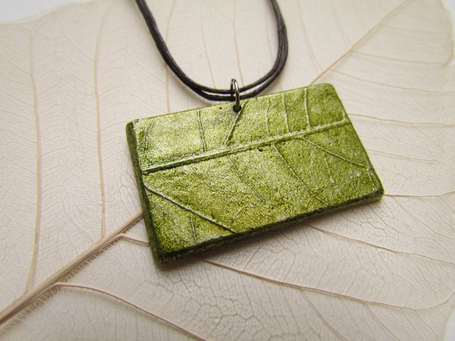 Earthy Green Hydrangea Leaf Metal Tile Pendant, Recycled Cast Aluminum