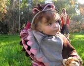 TODDLER HOODIE PONCHO -Little Owl  - Gray and dark brown fleece -sizes 1t, 2t, 3t, 4t
