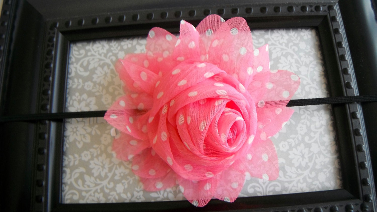 FREE SHIPPING-Pink and White Polka Dots-Clip or Headband- BIG Shabby Chic Rosette