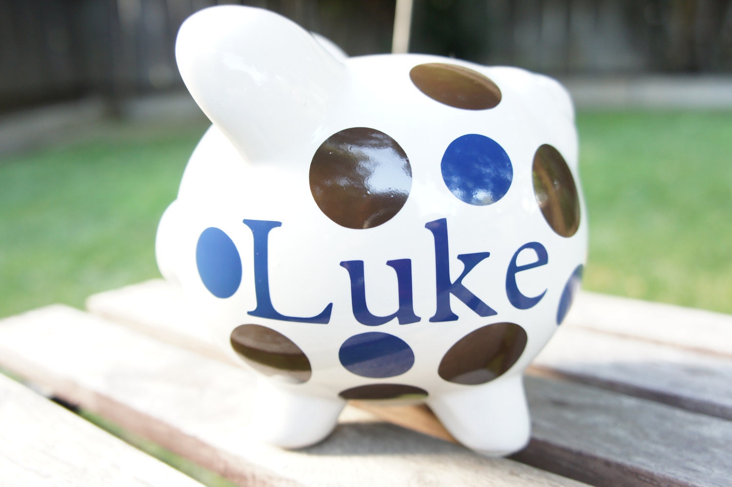 Personalized Ceramic Piggy Bank- polka dots, name, momogram, nursery, baby, gift