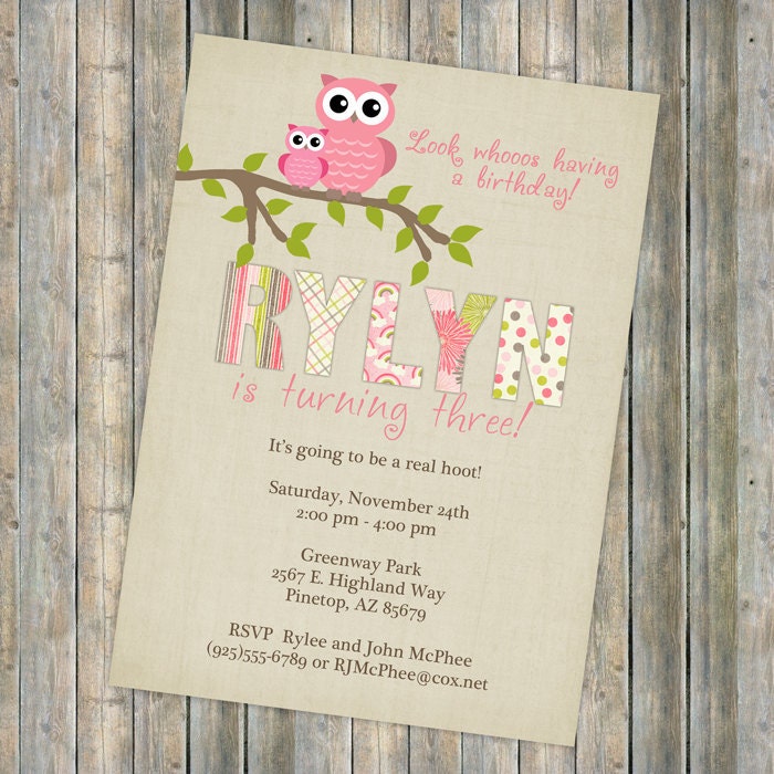 birthday party invitation with owls, digital, printable file