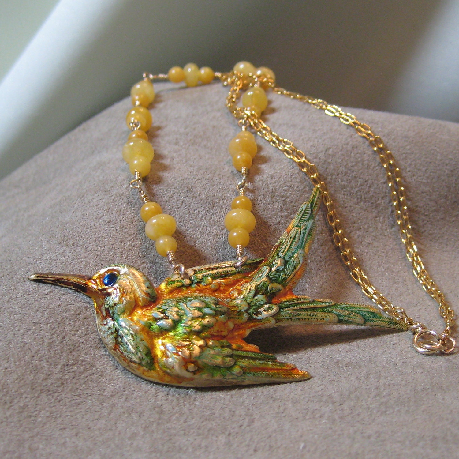 Dove Hummingbird Necklace with Yellow Calcite Gold Ginger Teal Blue Green Gilded Painted Enamel Patina