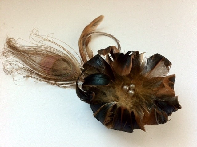 GOLDEN MISCHA - Gold, Taupe & Black Feather Hair Clip / Fascinator with Champagne Glass Pearls