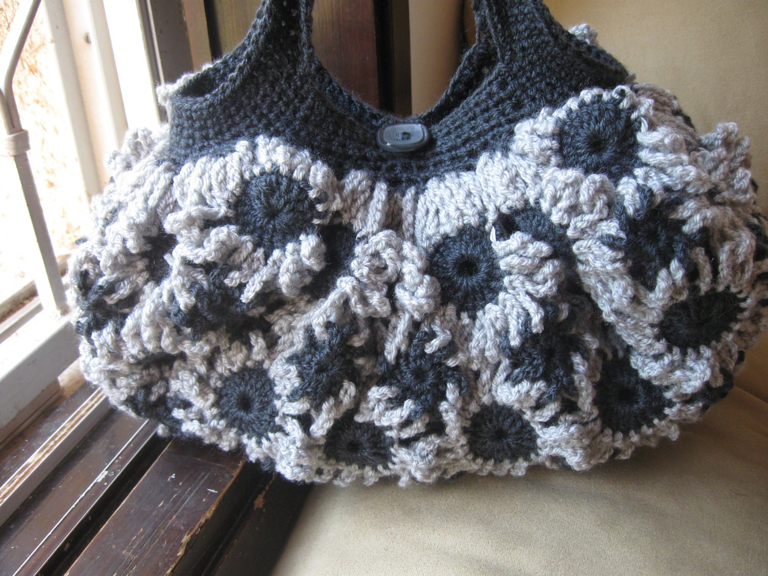 Crochet Flower Purse Blue grey and Light grey