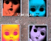 Glass Tile Magnet Set of 4 Creepy Doll Faces Scary Gothic Weird Cool
