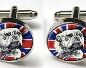 Silver Bezel CuffLinks Glass Round Union Jack British Bull Dog Great Britain English Wedding