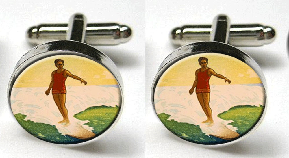 Silver Bezel CuffLinks Glass Round Vintage Surfer Ocean Sea Cool Retro Waves