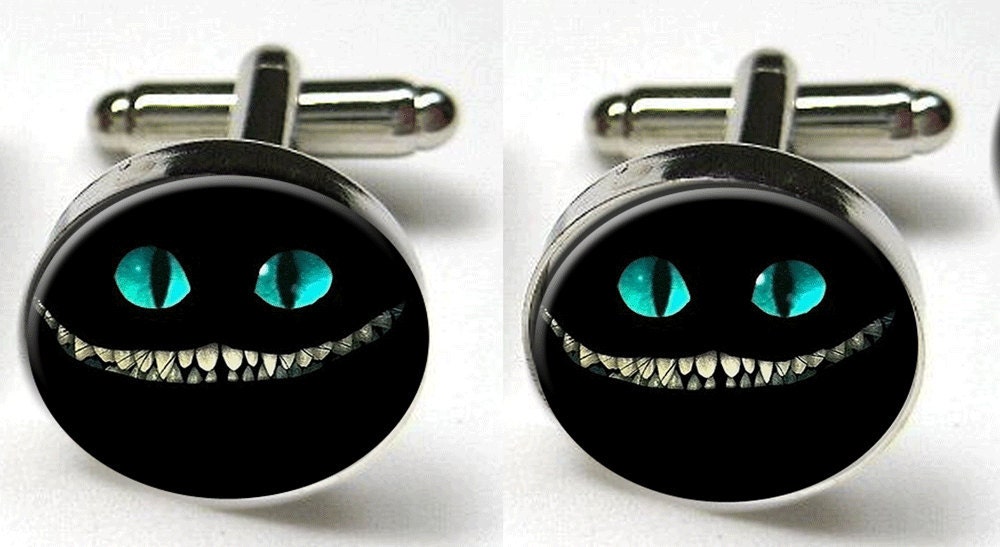 Silver Bezel CuffLinks Glass Round Cheshire Cat Evil Smile Grin Alice in Wonderland