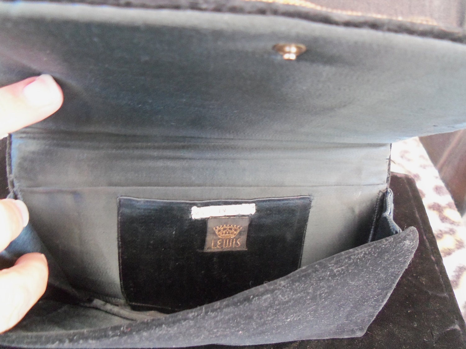 Black Velvet Clutch Vintage Ornate Gold Design Signed Lewis Made in India 1960's 1970's