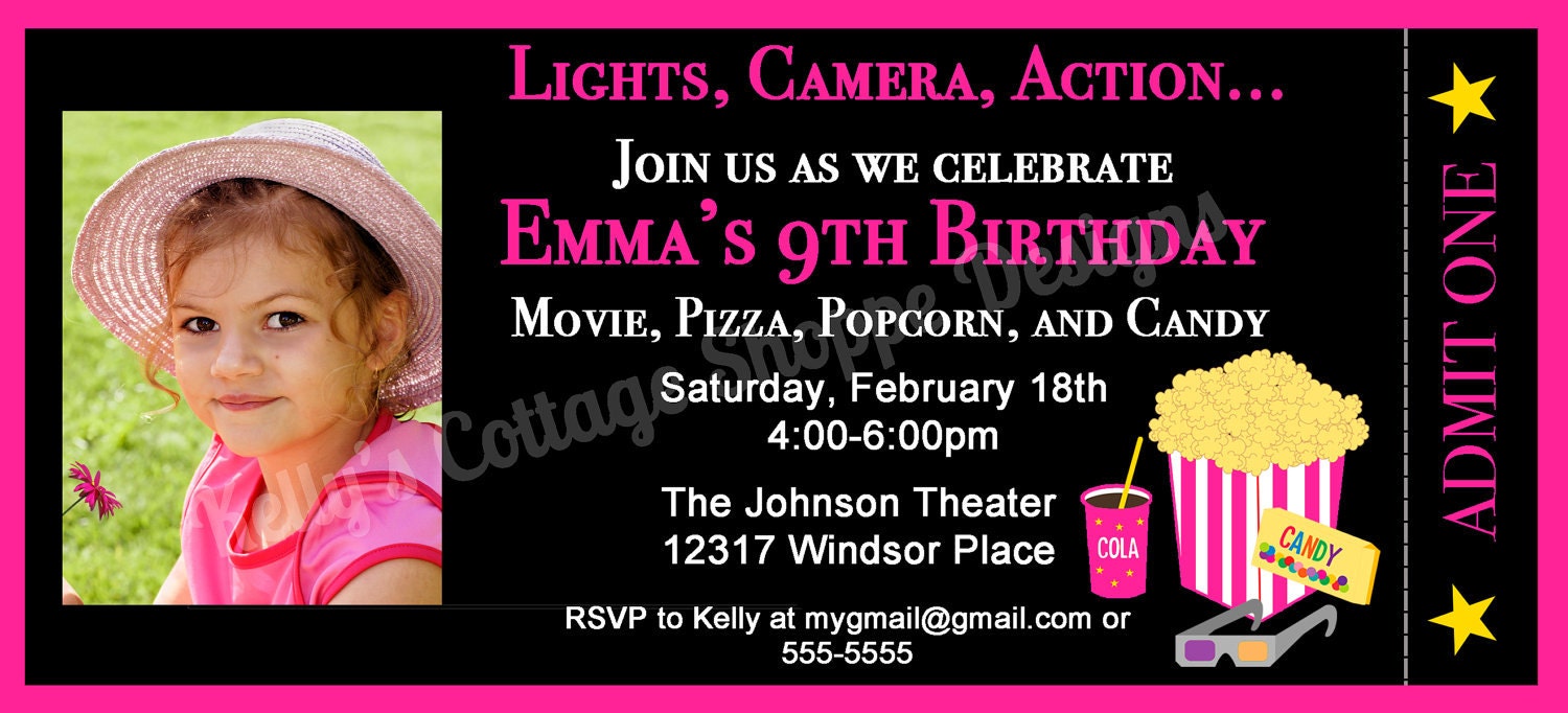 Movie Night Ticket Photo Invitation, Pink... Custom, Printable, Digital Il_570xn