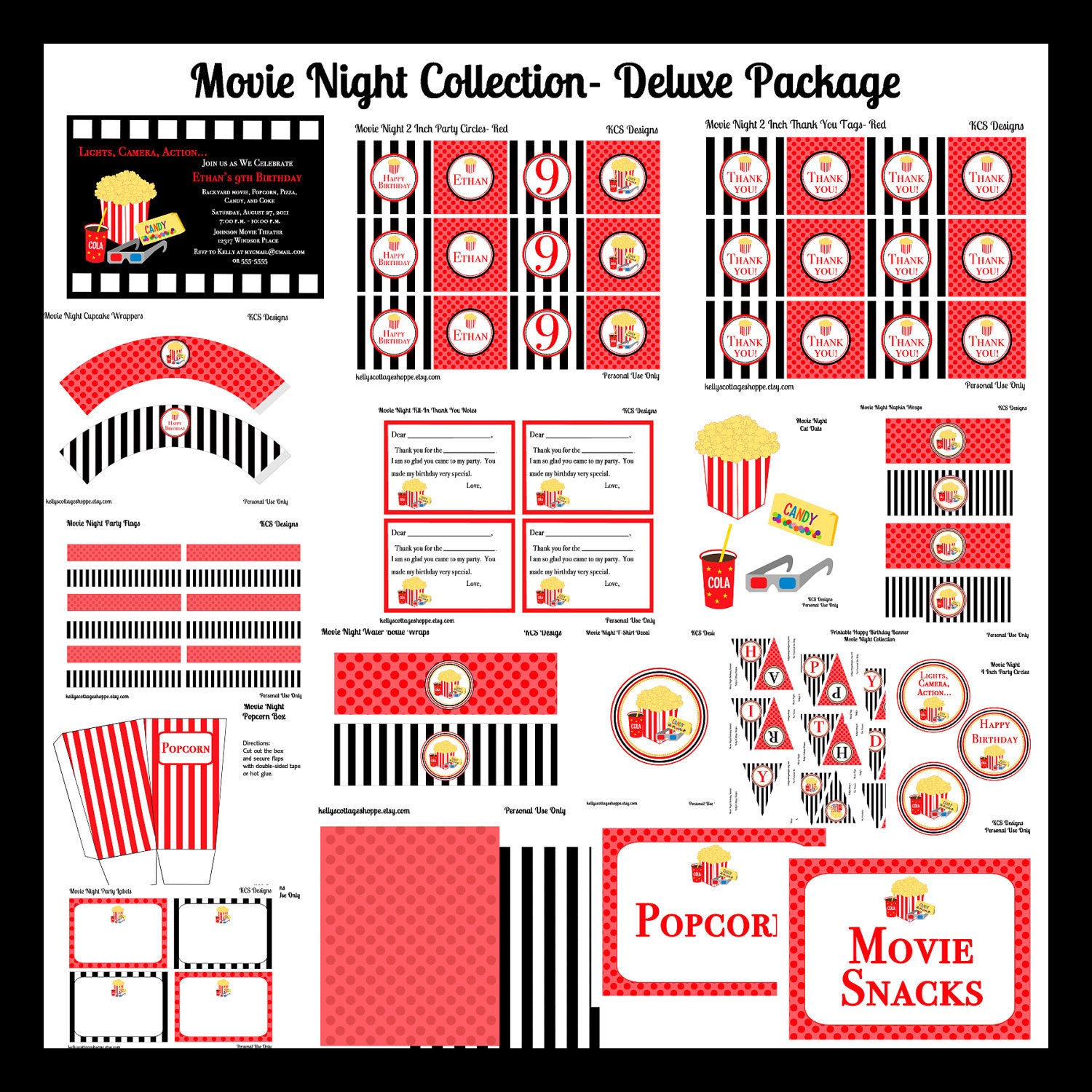 Movie Night Birthday Party Collection in Red- Deluxe Package Il_570xn