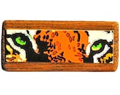 Bright Orange Tiger  Brooch with Green Eyes. Original cat art on wood. Hand made jewelry by LorikArt