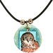 Owl Pendant. Hand painted and digital art. Green and Orange. Wood and waxed cotton.